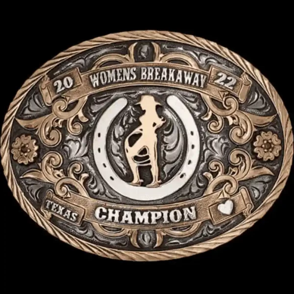 The Boley Belt Buckle features space for so many personalized details! With two customizable golden hand matted bronze banners and our signature antique finish, this buckle is an absolute must for any rodeo or western event!